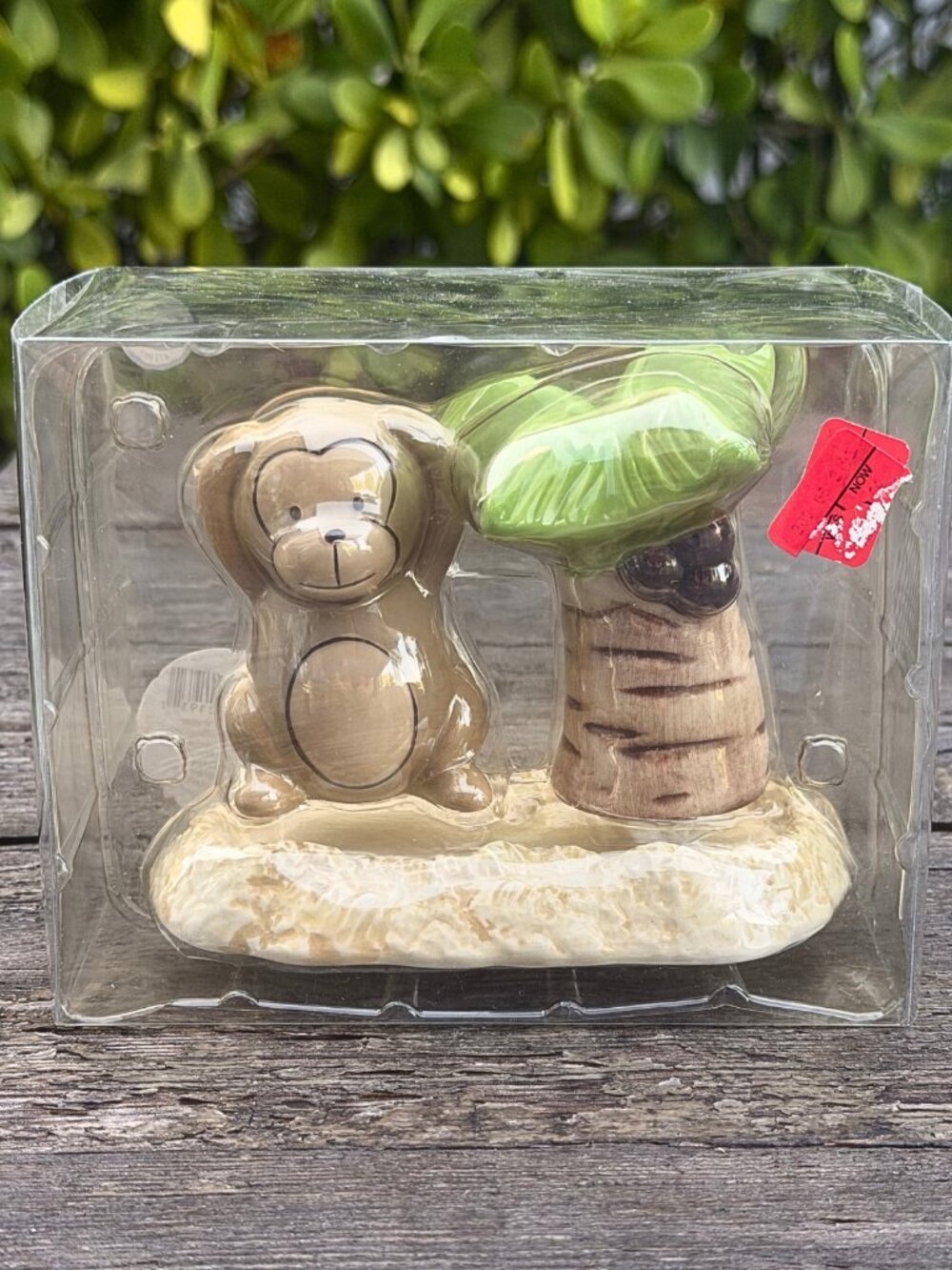 Vintage Ceramic Monkey & Palm Tree Salt & Pepper Shaker Set & Base Target Brand